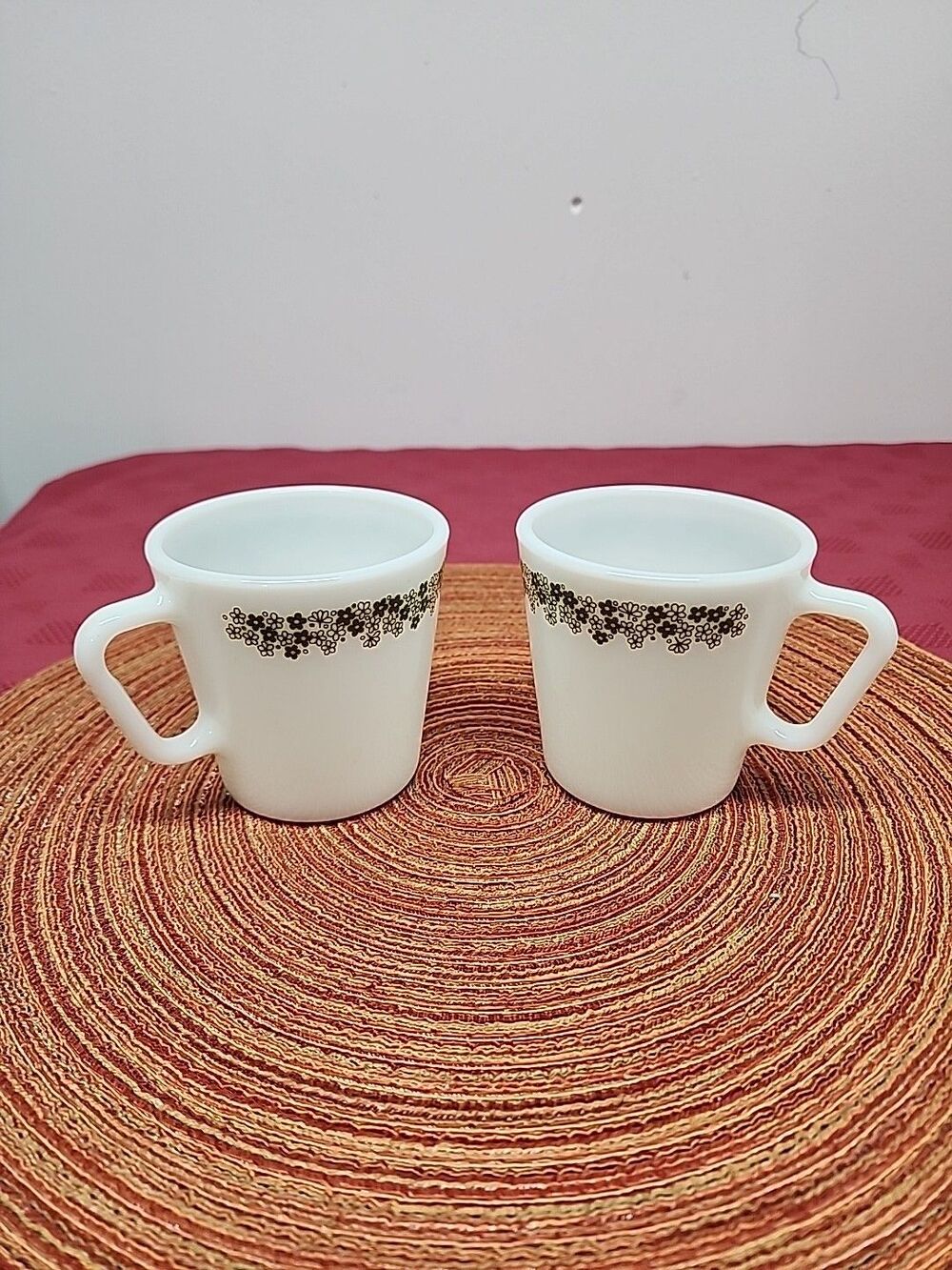 Pyrex Milk Glass Coffee Cups In Spring Blossom Green Set Of 2 D Handle #1410